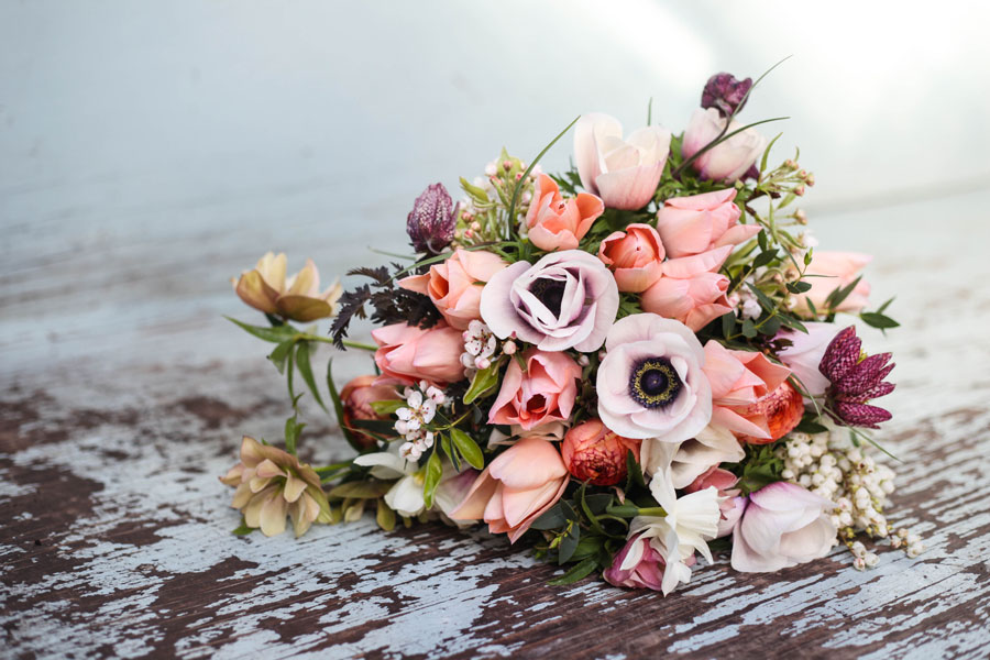 Spring bouquet with tulips, anemones, Ranunculus